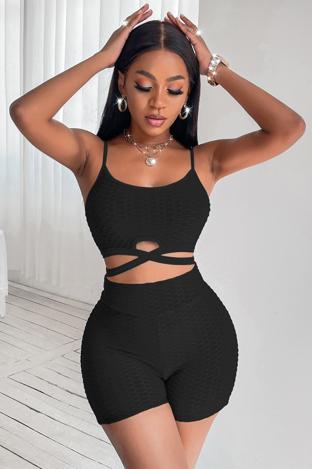 Crisscross Cropped Cami and High Waist Shorts Set