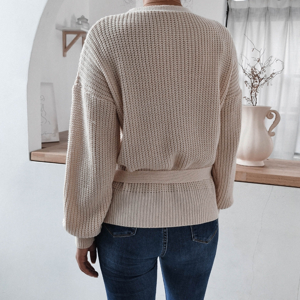 Rib-Knit Lantern Sleeve Wrap Sweater