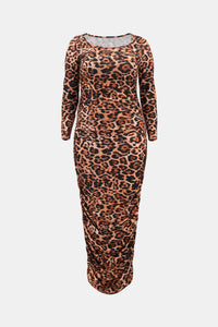 Plus Size Leopard Ruched Maxi Bodycon Dress