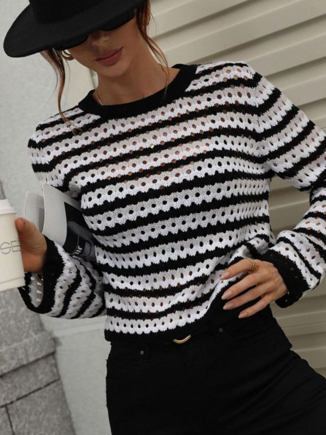 Striped Openwork Long-Sleeve Knit Pullover