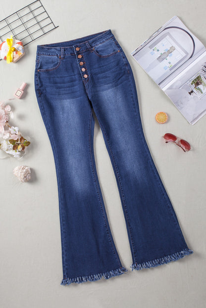 Button Fly Frayed Hem Flare Jeans