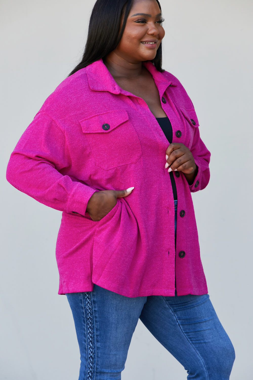 Zenana Full Size Jacquard Shacket in Magenta