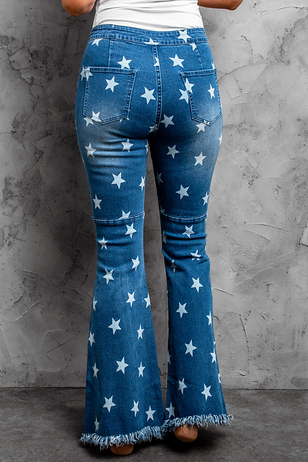 Star Print Distressed Raw Hem Flare Jeans