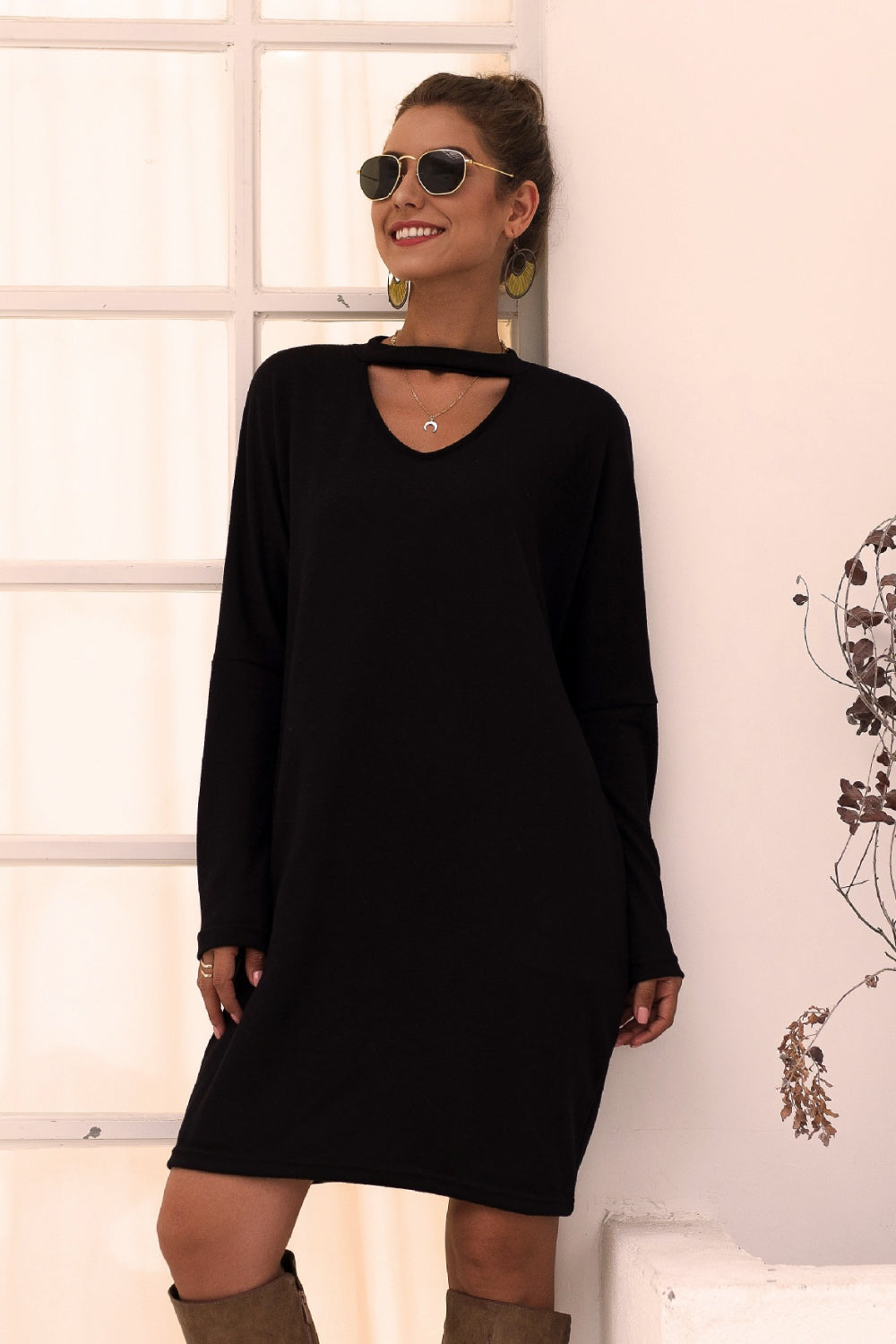 Cut-Out V-Neck Long Sleeve Dress