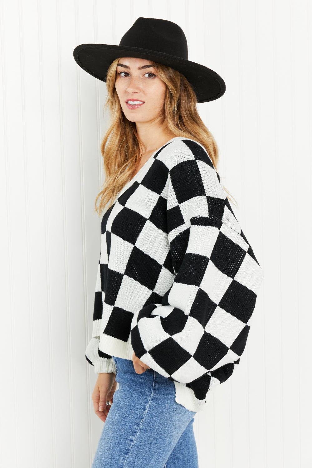 Davi & Dani Reality Check Full Size Checkered V-Neck Sweater