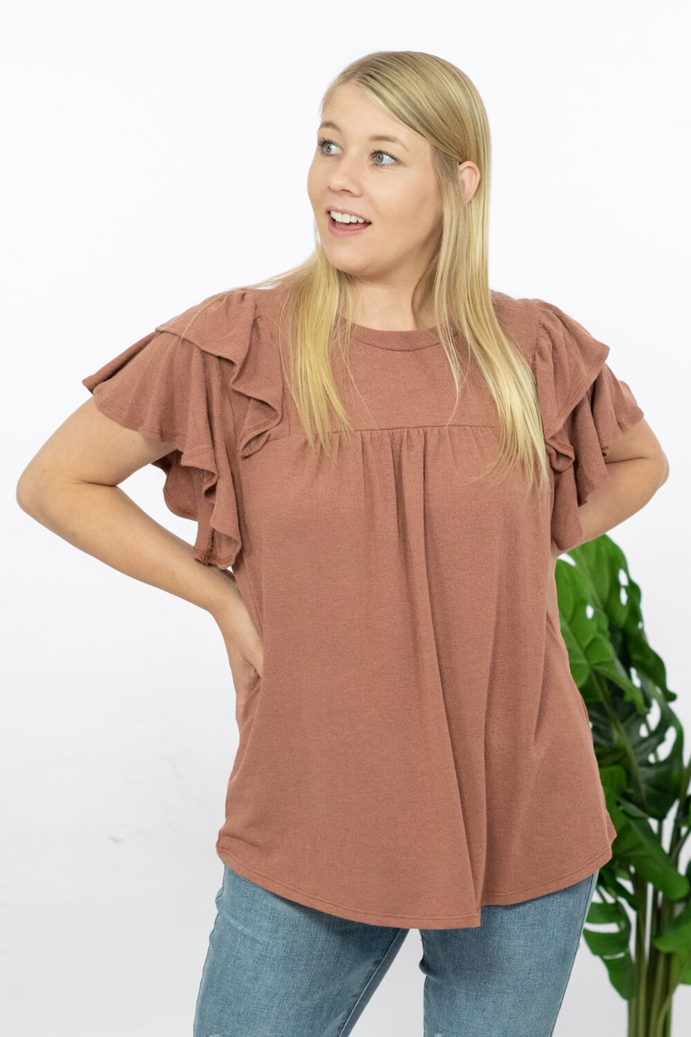 Ces Femme Here We Go Full Size Flutter Sleeve Blouse