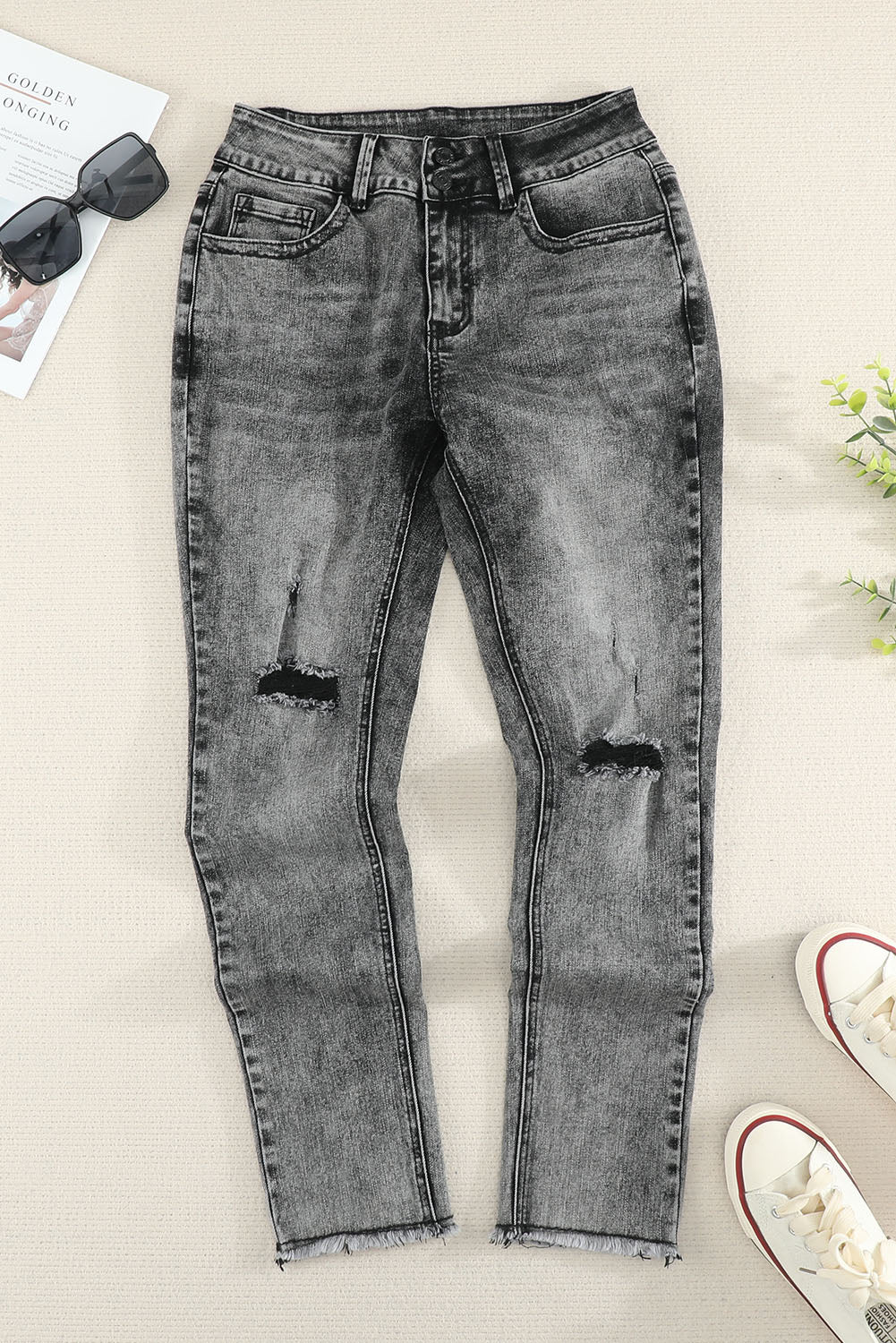 Acid Wash Raw Hem Distressed Jeans