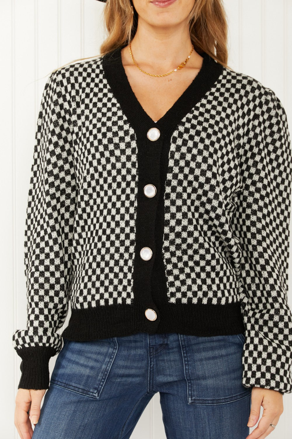 143 Story Look the Part Full Size Checkered Puff Shoulder Cardigan