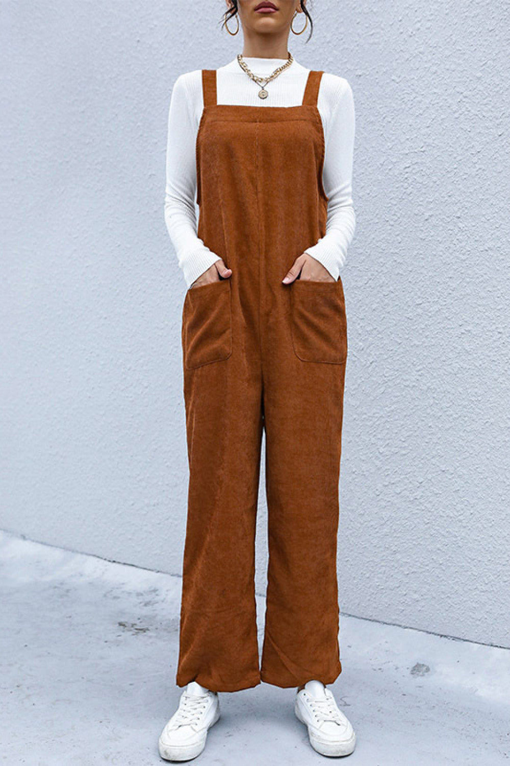 Corduroy Wide Leg Overalls with Pockets