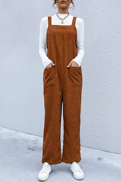 Corduroy Wide Leg Overalls with Pockets