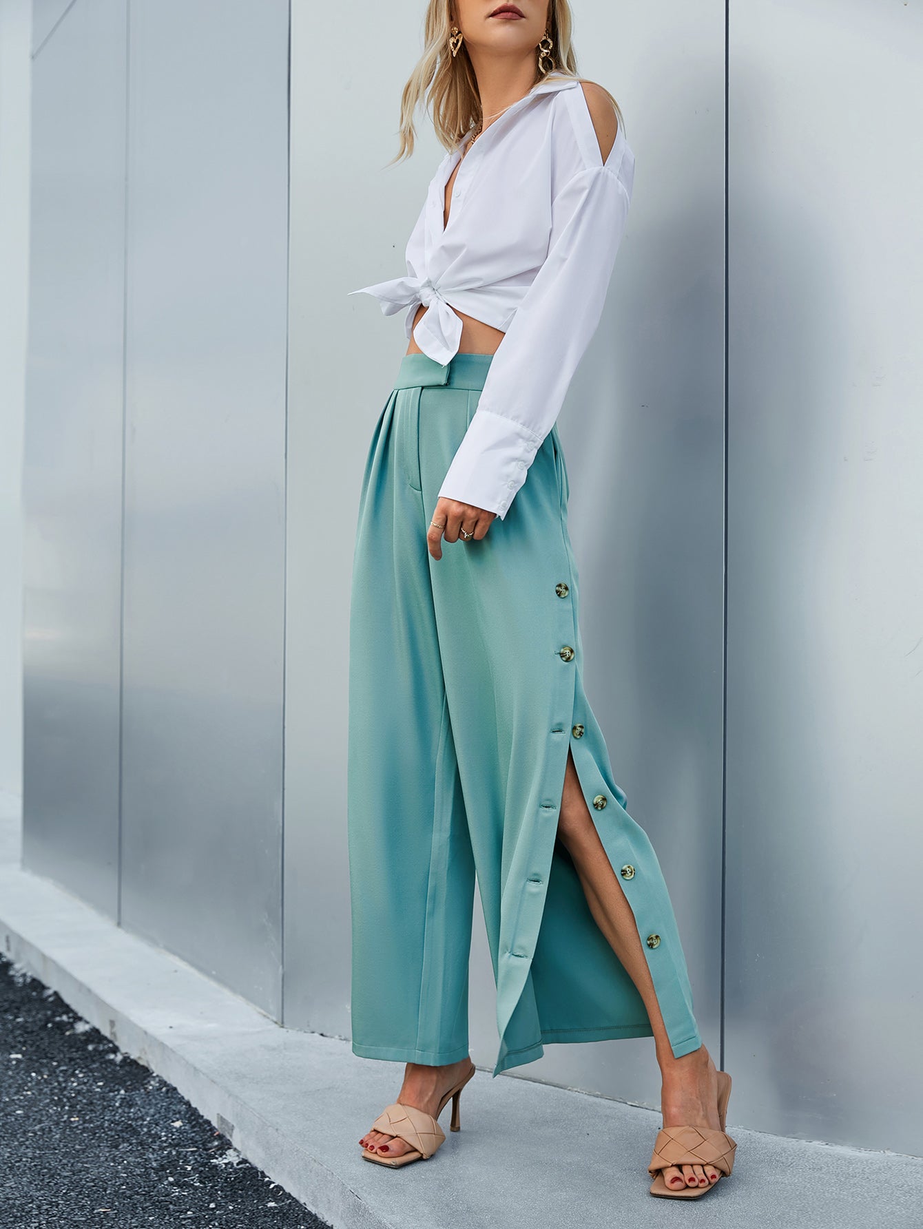 Side Button Wide Leg Pants with Pockets