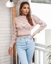 Load image into Gallery viewer, Openwork Ribbed Trim Long Sleeve Cropped Sweater
