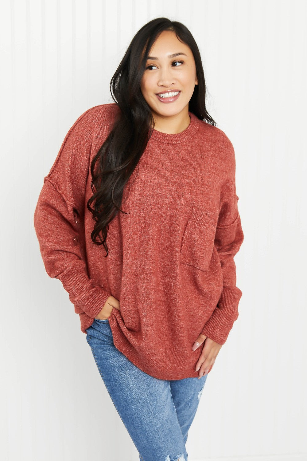 Zenana Forest in Fall Full Size High-Low Hem Pocket Sweater