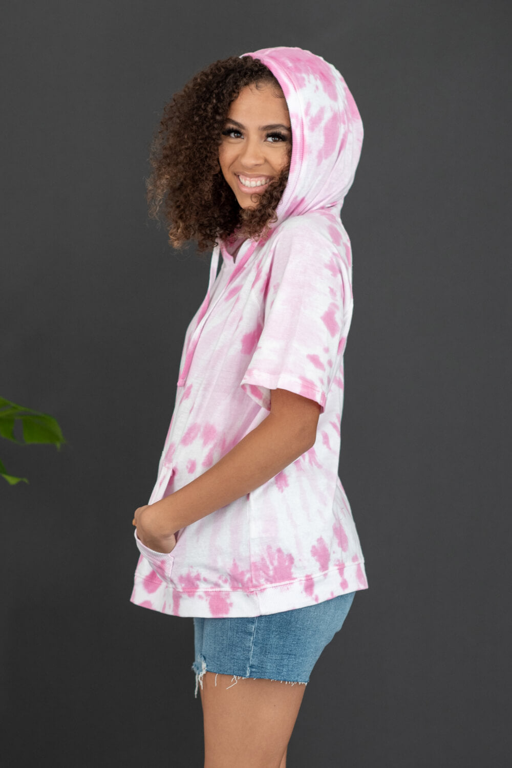 Sew In Love Watching Clouds Full Size Run Tie-Dye Short-Sleeved Hoodie in Neon Pink