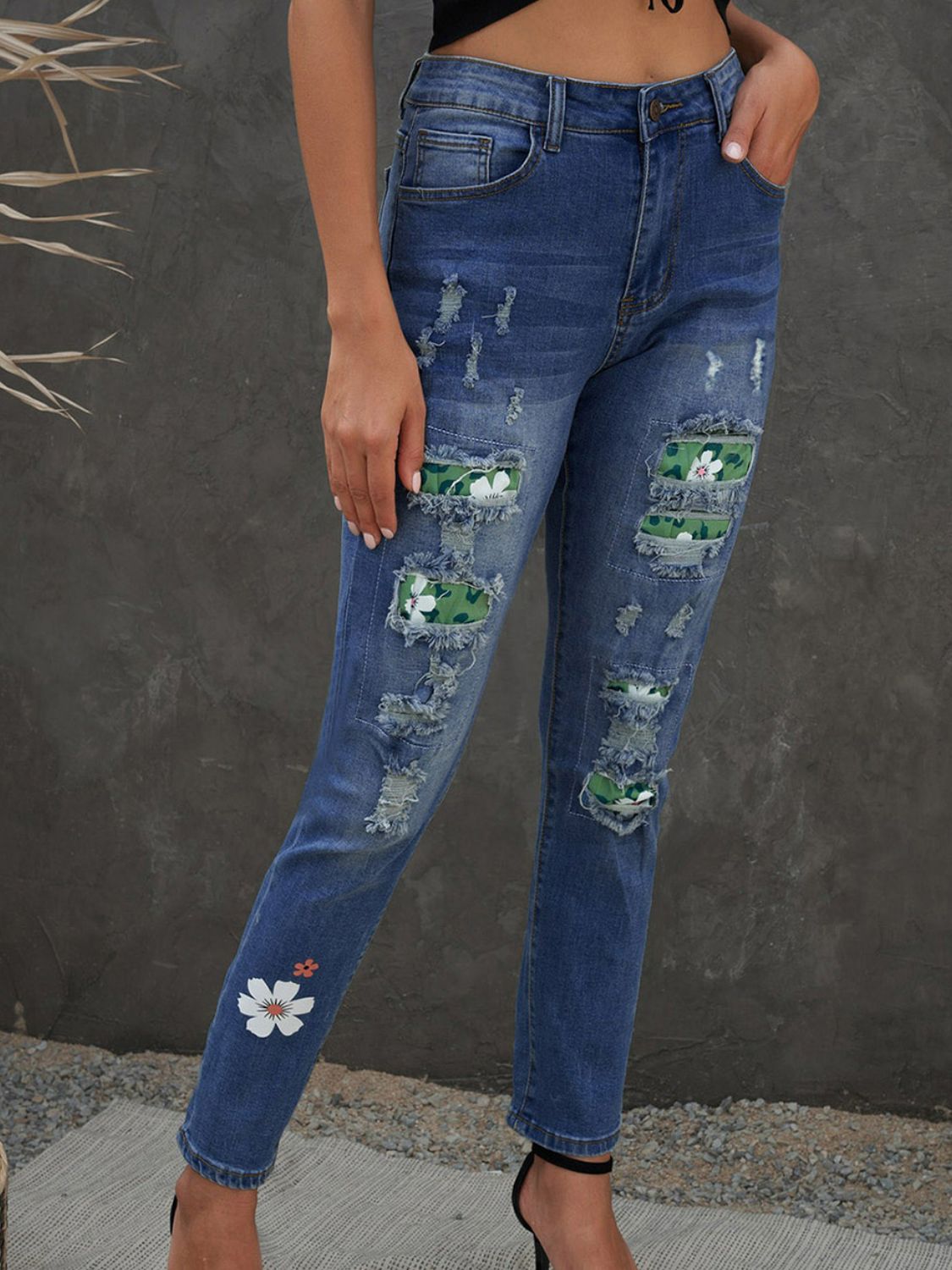 Floral Leopard Print Patchwork Distressed High Waist Jeans