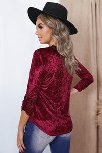 V-Neck Curved Hem Crushed Velvet Tee