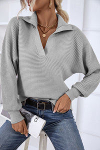 Horizontal-Ribbing Balloon Sleeve Collared Pullover