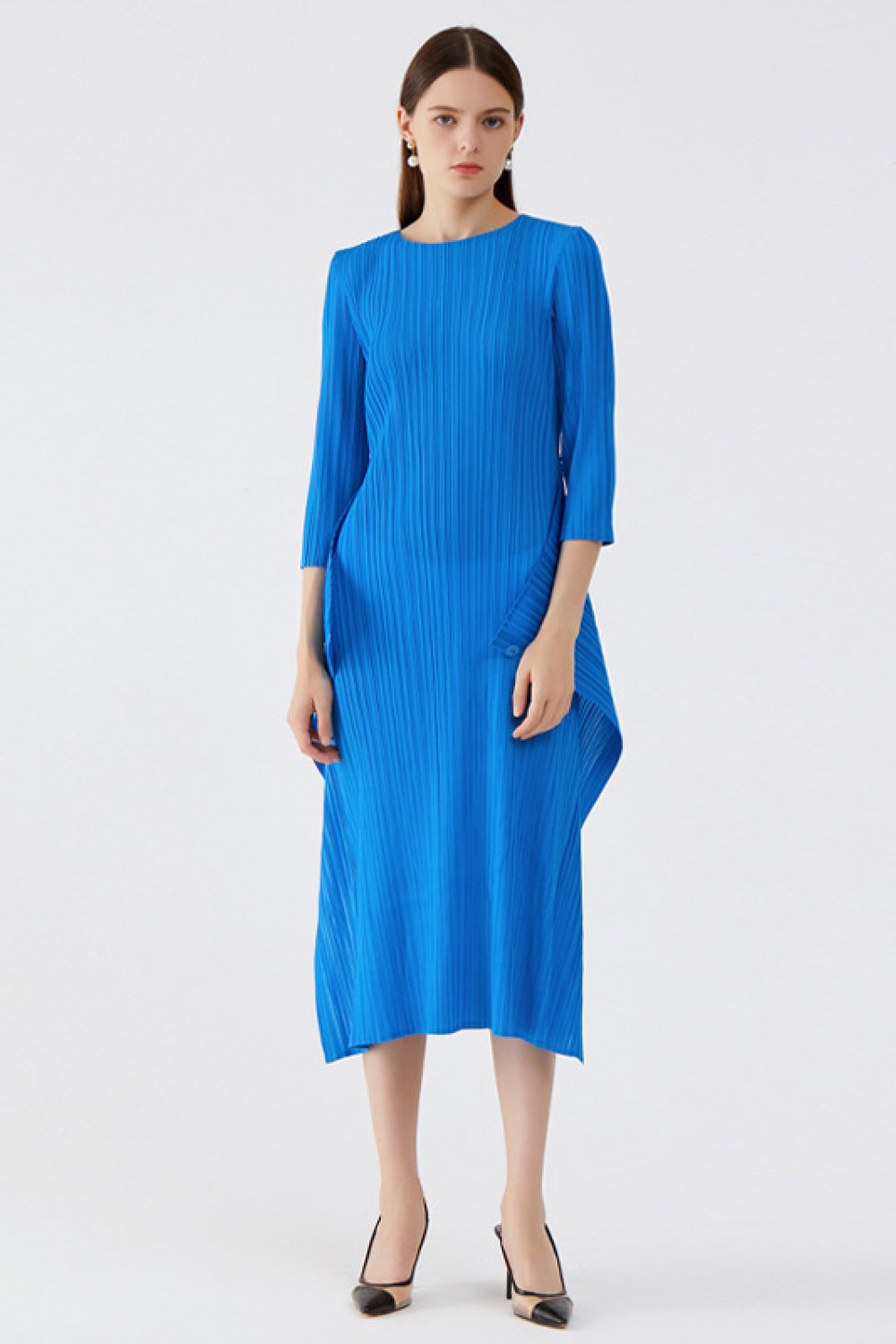 Accordion Pleated Midi Dress with Button Detail