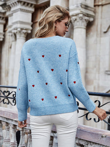 Heart Print V-Neck Dropped Shoulder Sweater