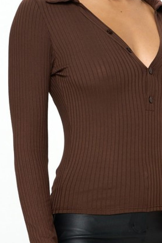 Chocolate USA Half Button Down Ribbed Collared Neck Knit Top