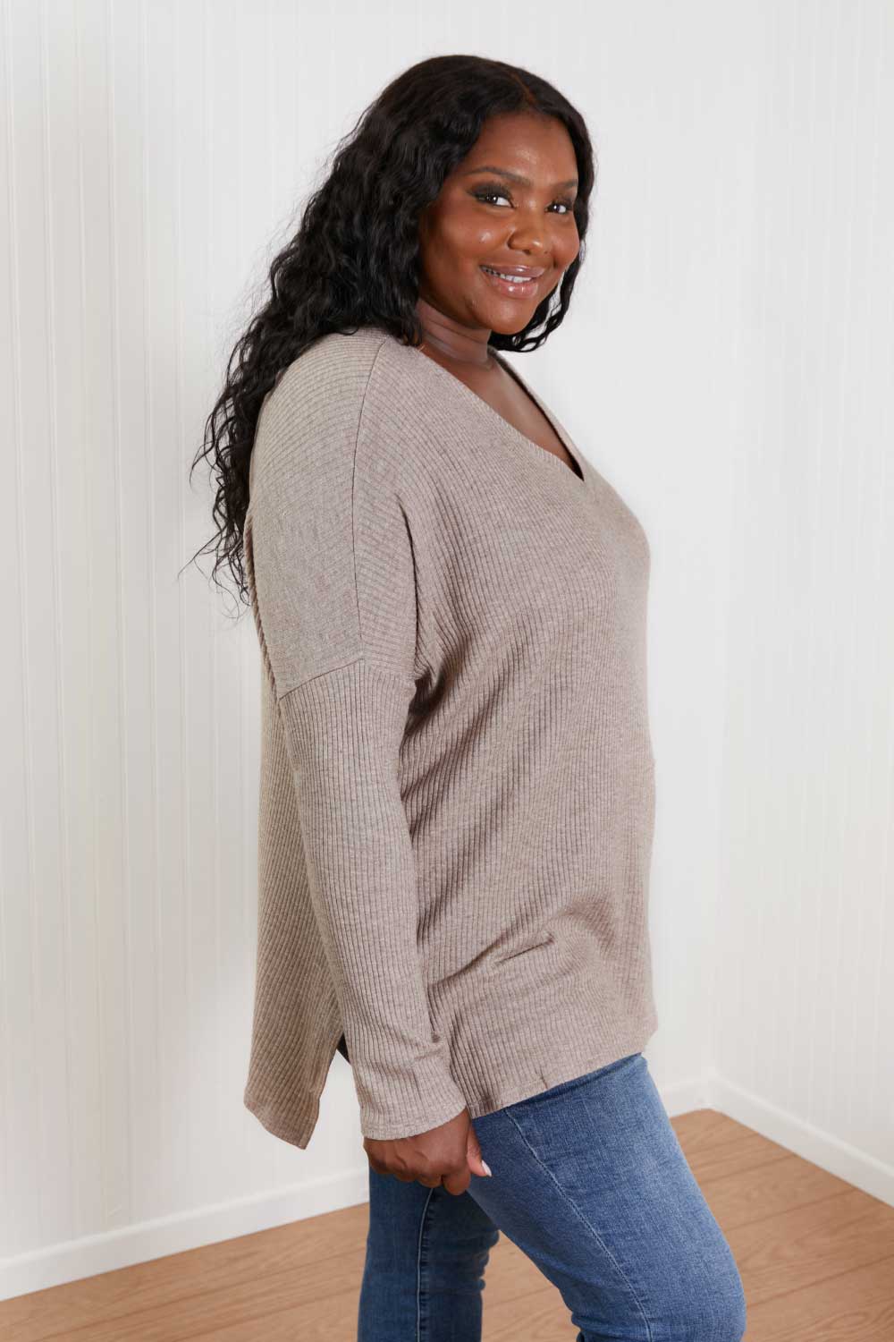 Zenana Sippin' Hot Cocoa Full Size Ribbed High-Low Sweater