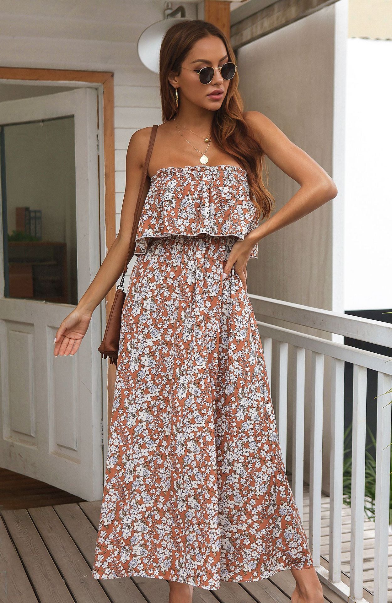 Floral Frill Trim Off-Shoulder Midi Dress