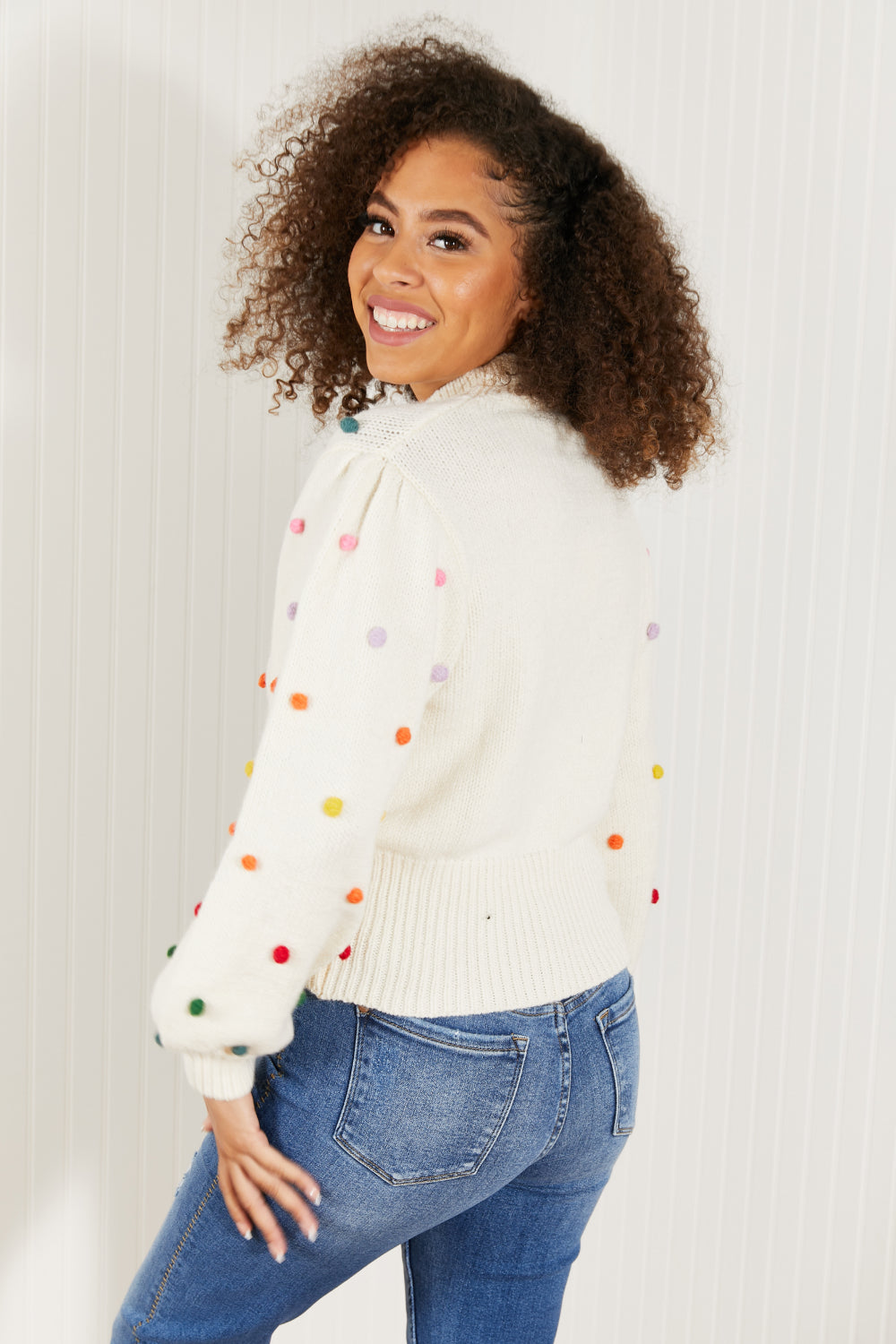 Davi & Dani Pop of Color Full Size Rainbow Pom Pom Sweater