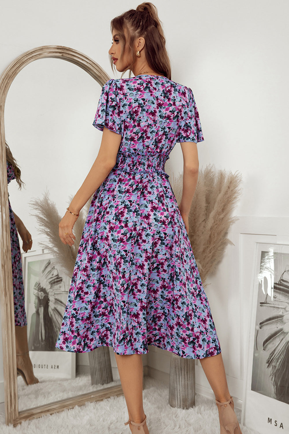 Floral Smocked Waist Surplice Midi Dress