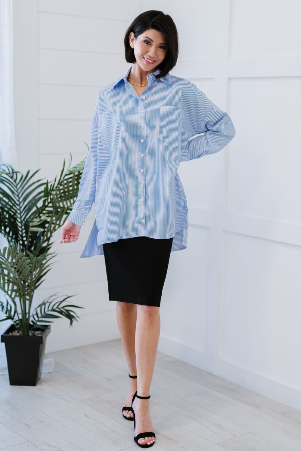 Zenana Business As Usual Full Size Run Pinstripe Button Down Shirt