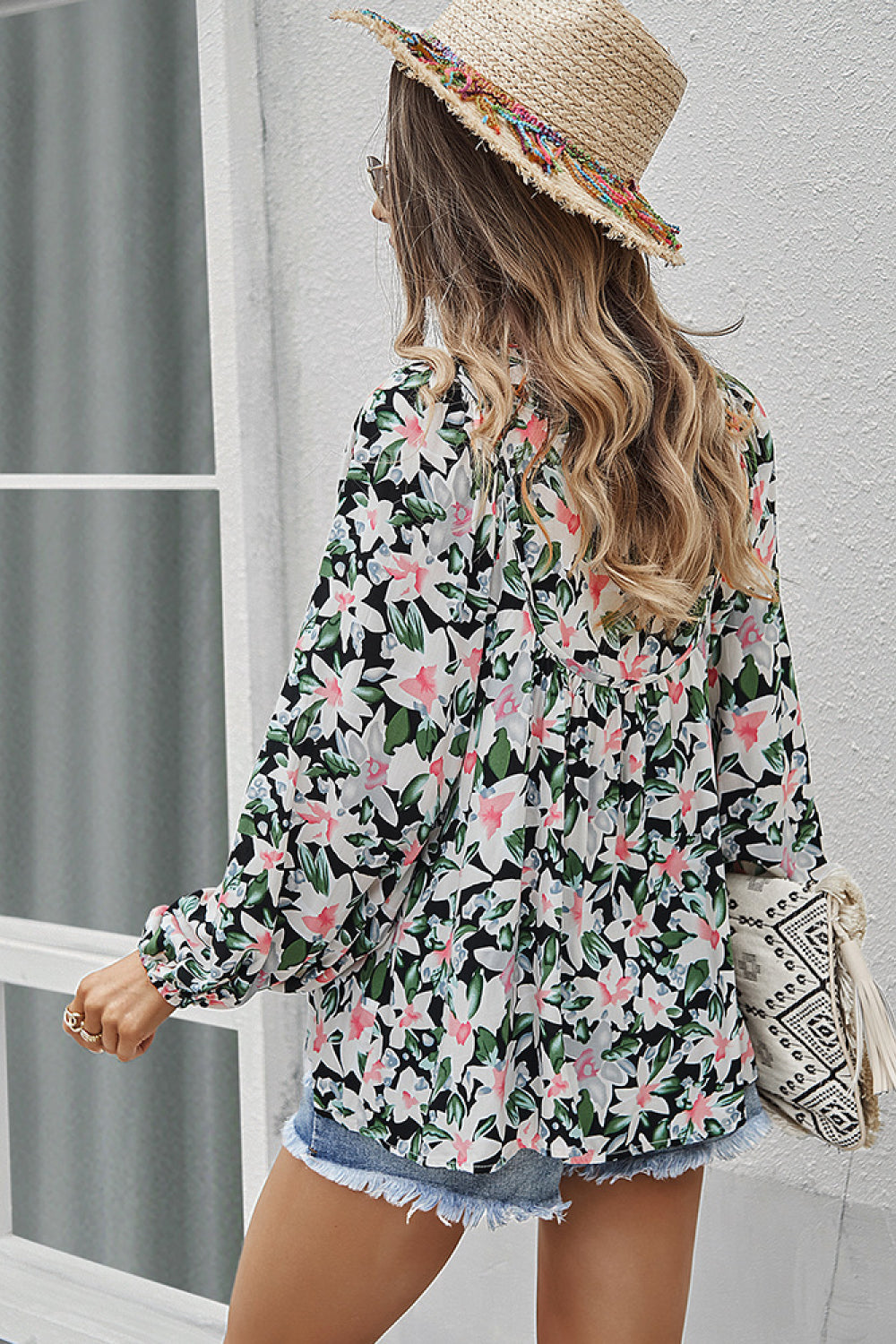 Floral Tie Neck Babydoll Blouse