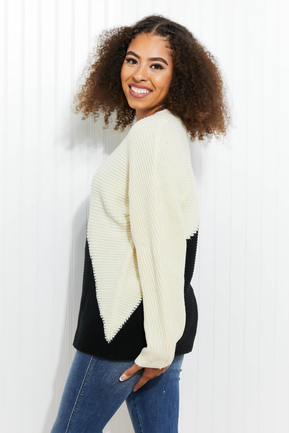 CY Fashion Half-and-Half Full Size Color Block Sweater