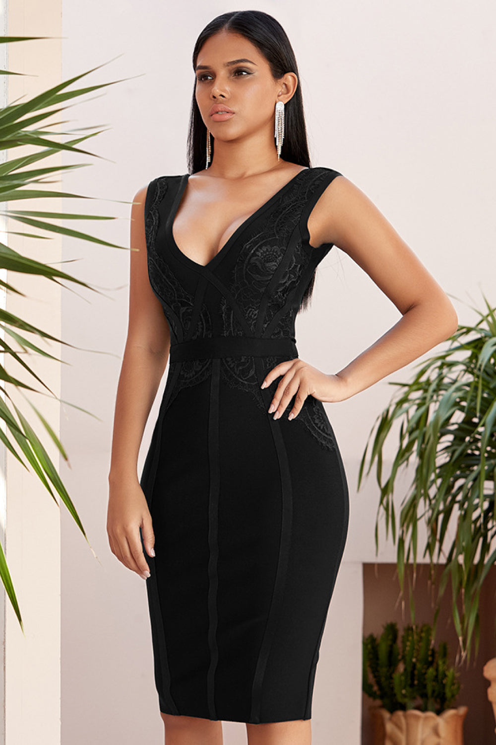 Lace Detail Plunge Neck Bodycon Dress