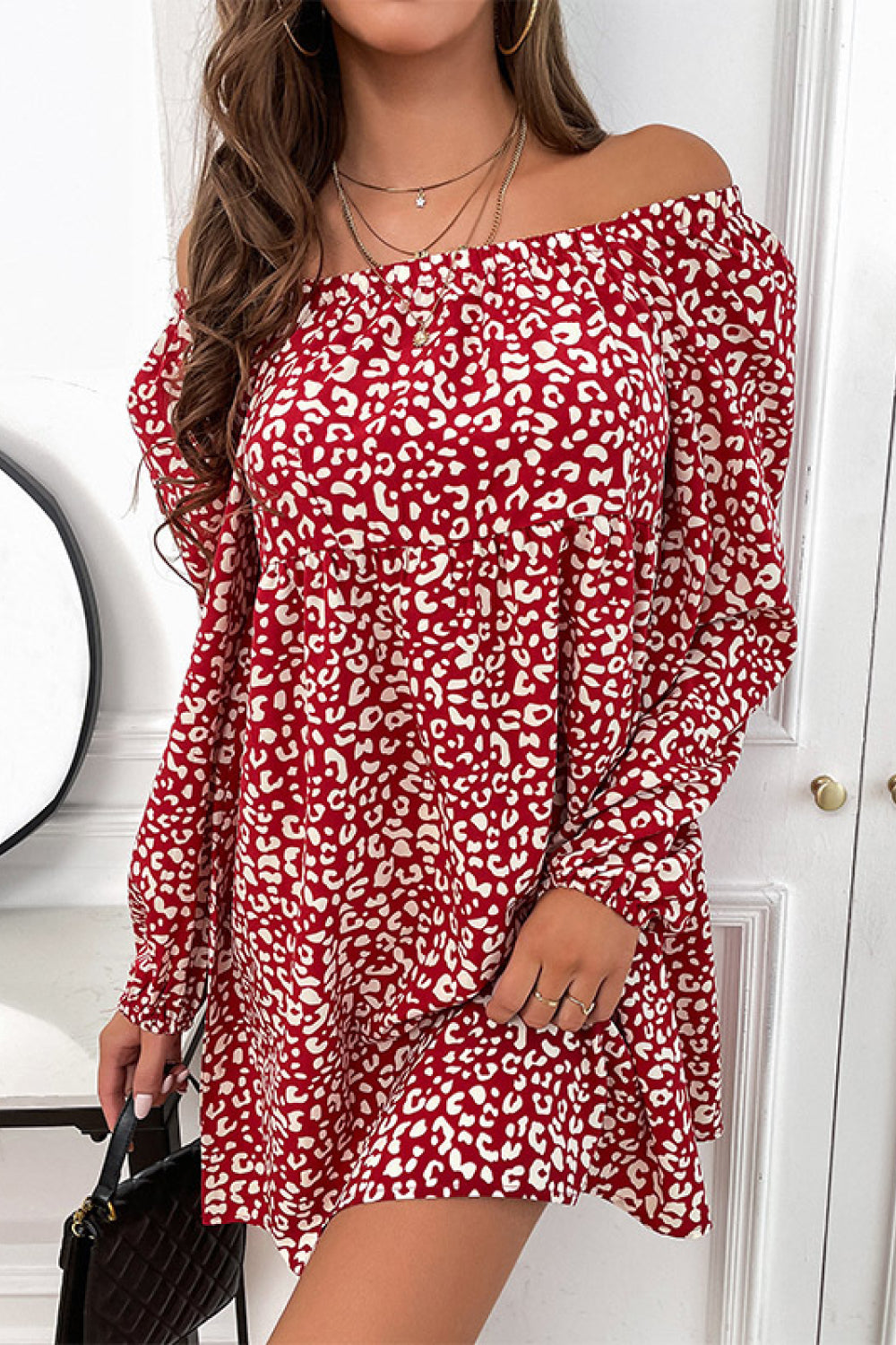 Leopard Print Off-Shoulder Babydoll Dress