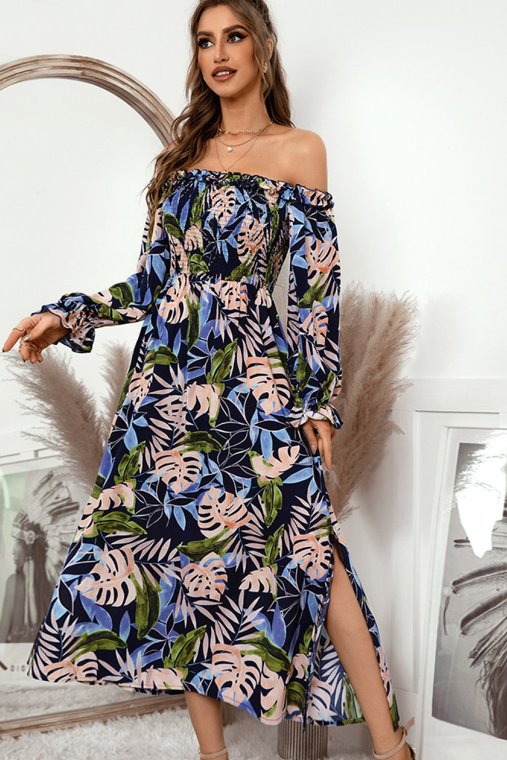 Botanical Print Off-Shoulder Side Slit Midi Dress