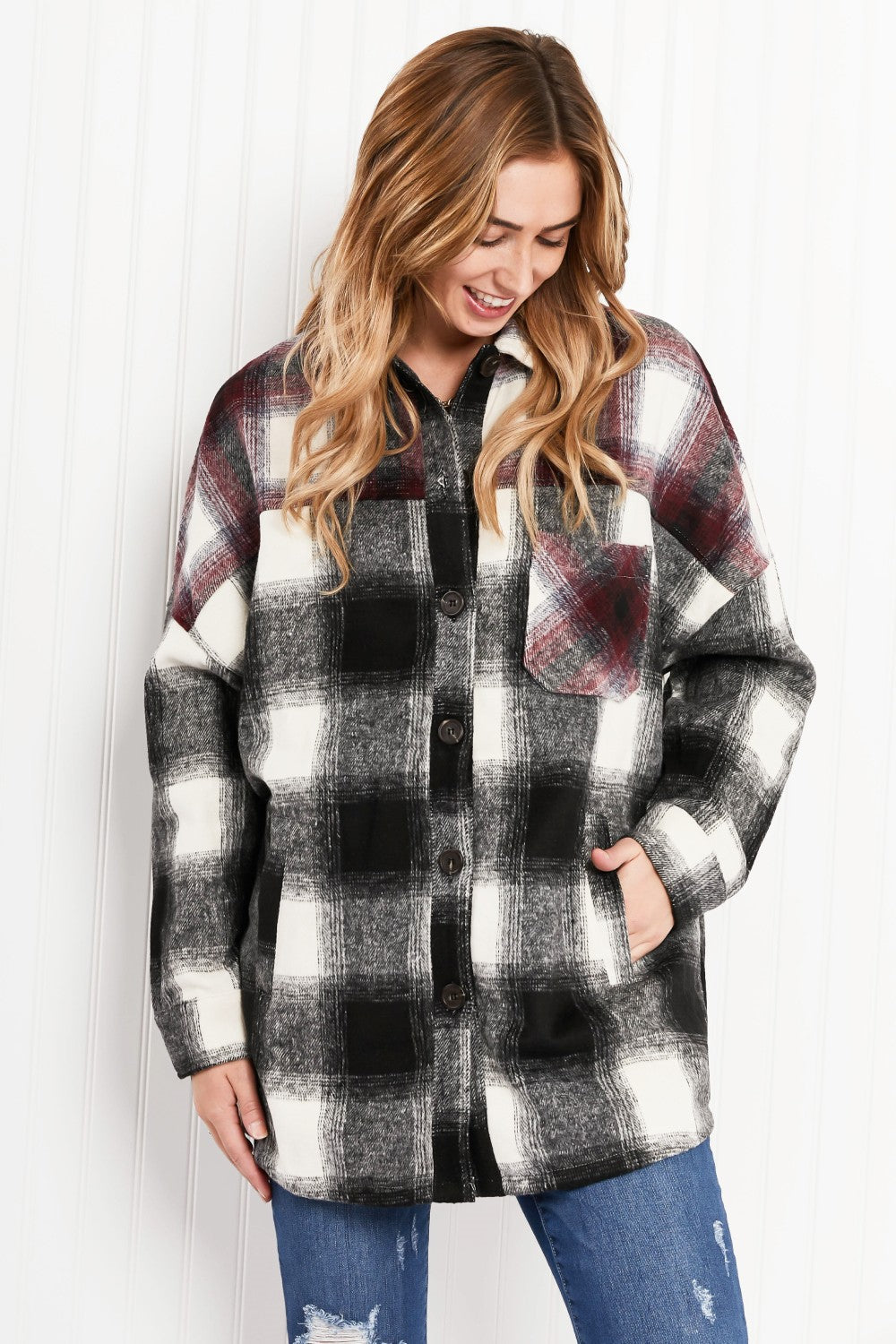 Zenana Colors of Autumn Full Size Plaid Shacket in Black/Burgundy