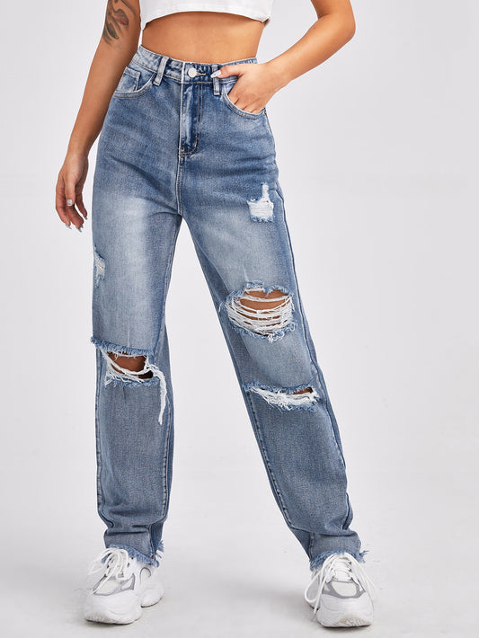 Distressed Raw Hem High-Rise Boyfriend Jeans