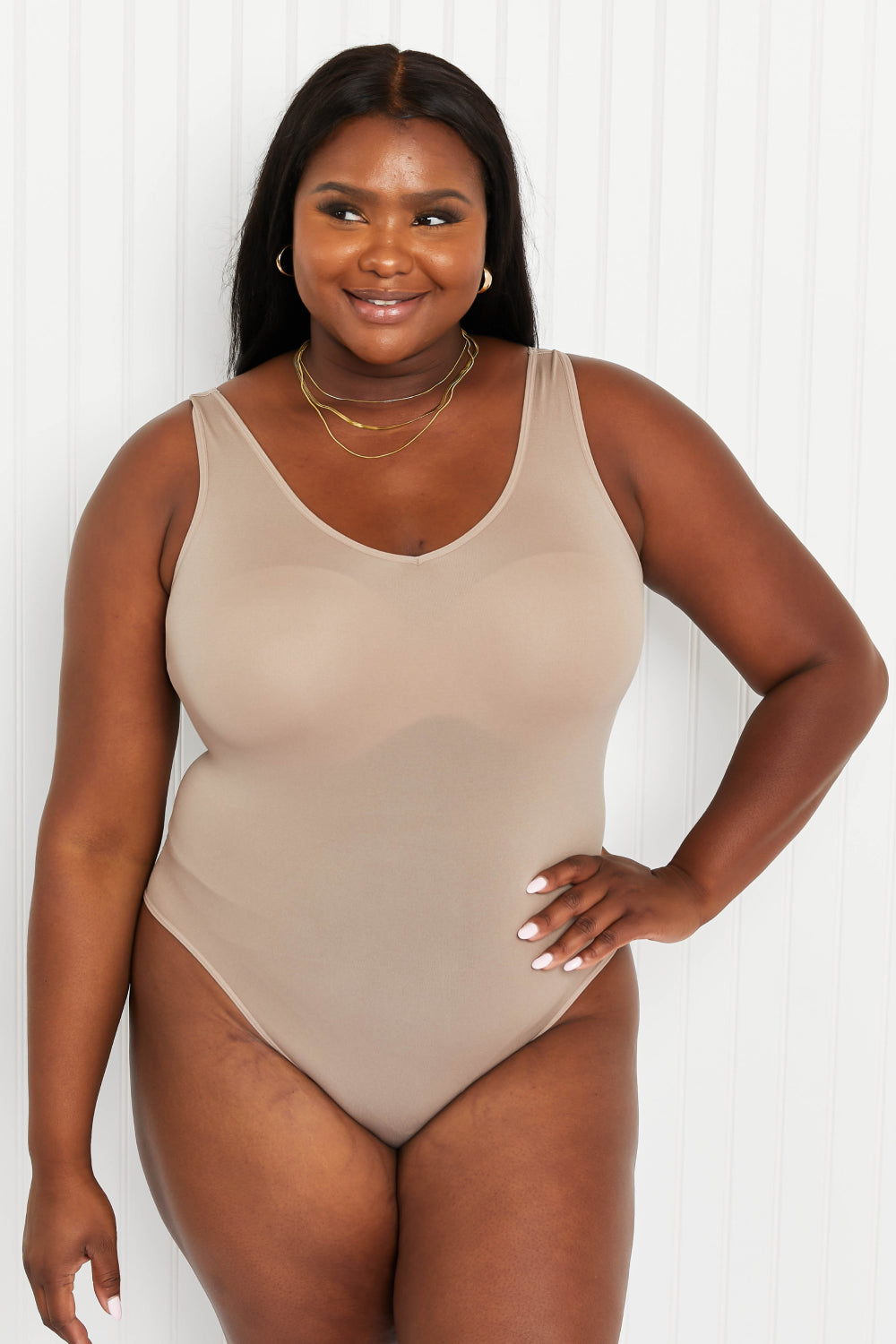 Yelete World Traveler Full Size V-Neck Thong-Cut Tank Bodysuit in Mocha