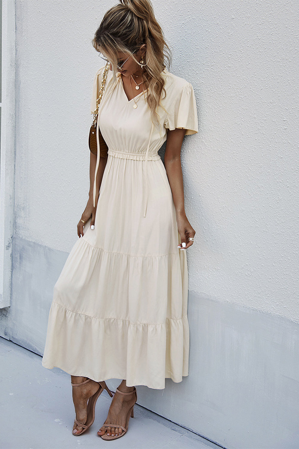 V-Neck Butterfly Sleeve Midi Dress