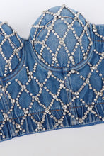 Load image into Gallery viewer, Cropped Denim Rhinestone Fishnet Bustier
