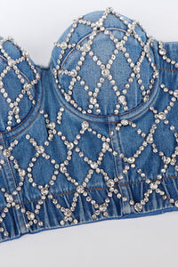 Cropped Denim Rhinestone Fishnet Bustier