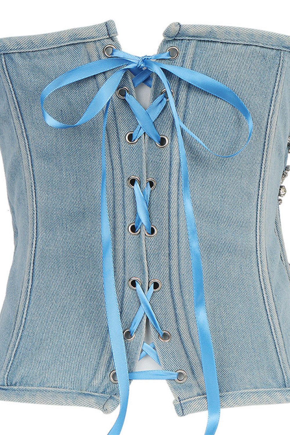 Strapless Lace Up Denim Rhinestone Fishnet Bustier