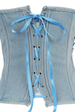 Load image into Gallery viewer, Strapless Lace Up Denim Rhinestone Fishnet Bustier
