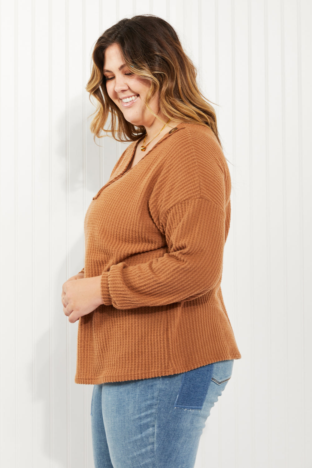 Zenana Apple Dumplings Full Size Brushed Waffle Knit Henley in Deep Camel