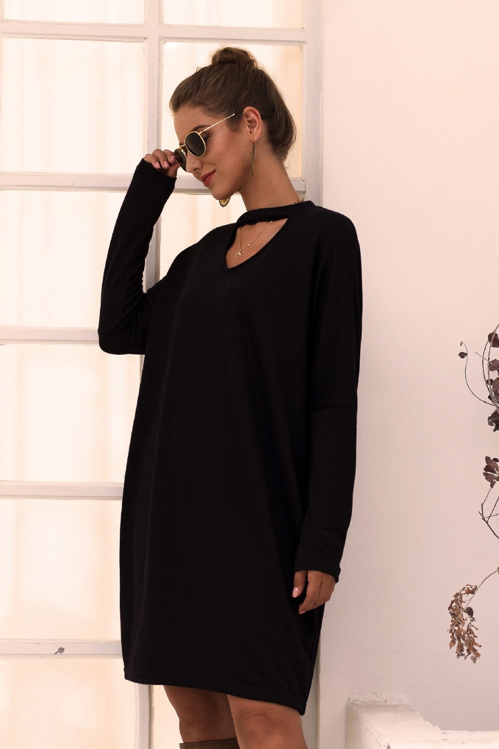 Cut-Out V-Neck Long Sleeve Dress