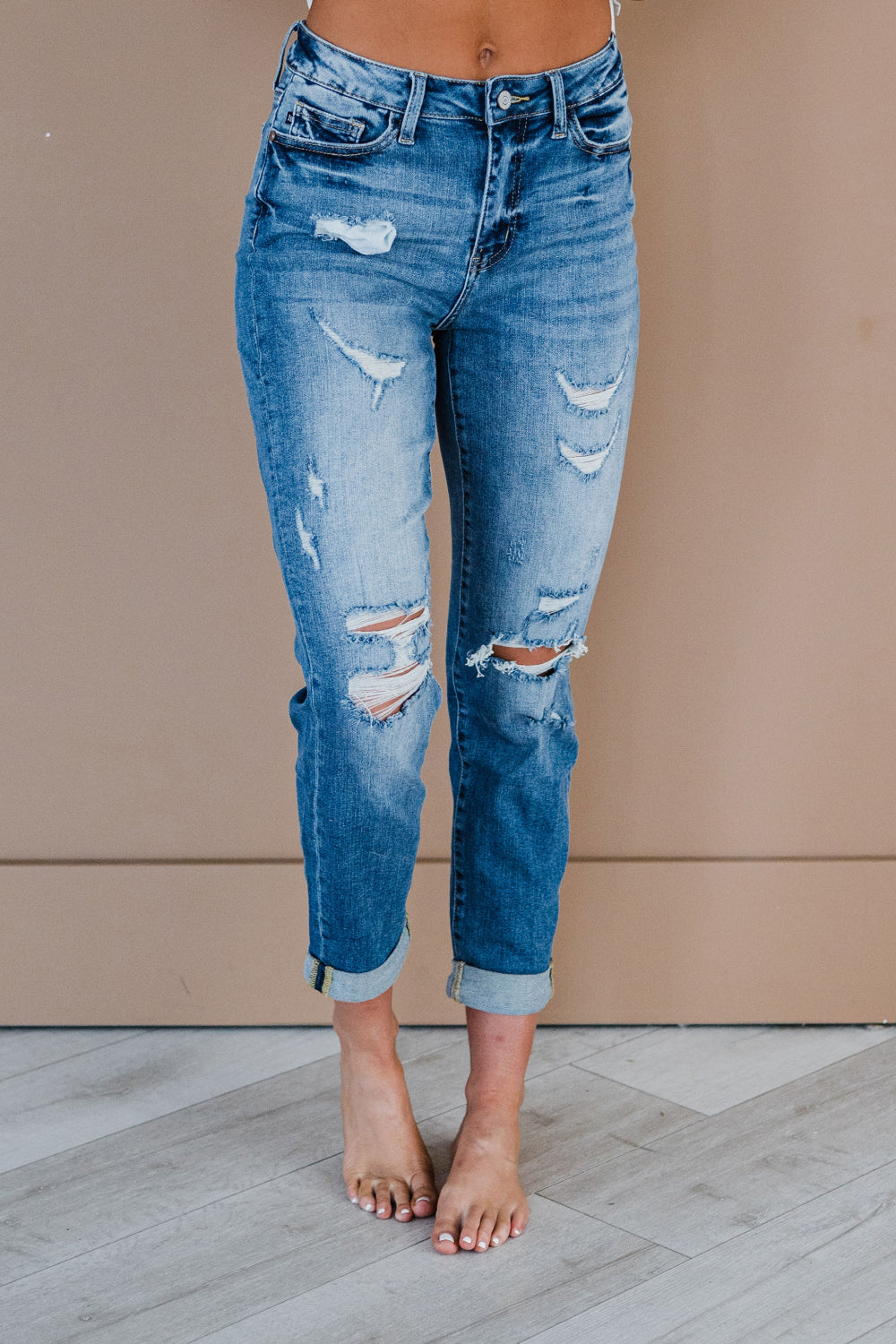 Judy Blue Mid Rise Cuffed Distressed Jeans