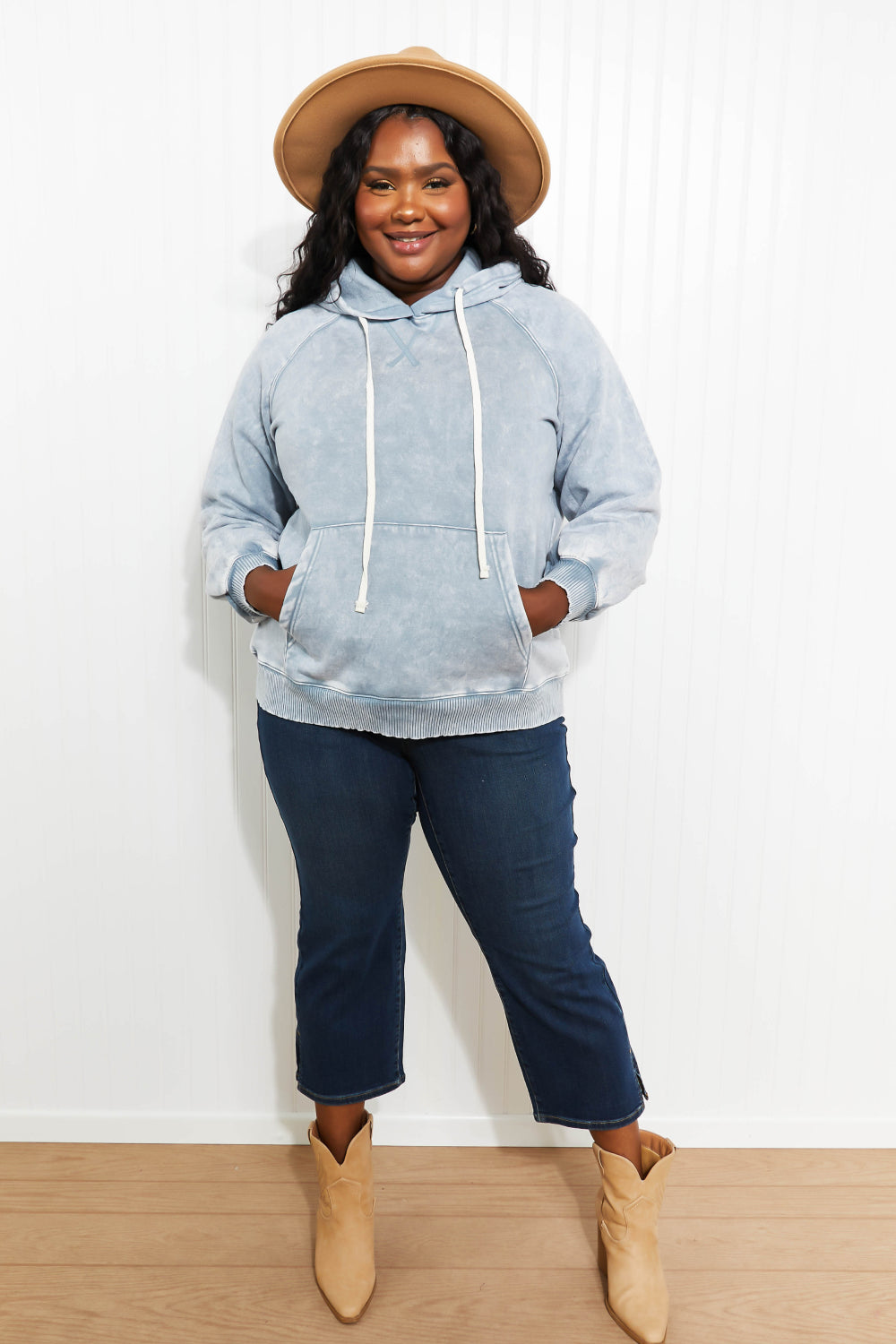 Zenana New Friends Full Size Acid Wash Fleece Hoodie