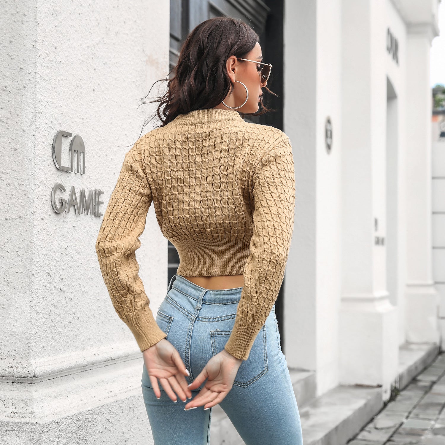 Cable-Knit Mock Neck Long Sleeve Cropped Sweater