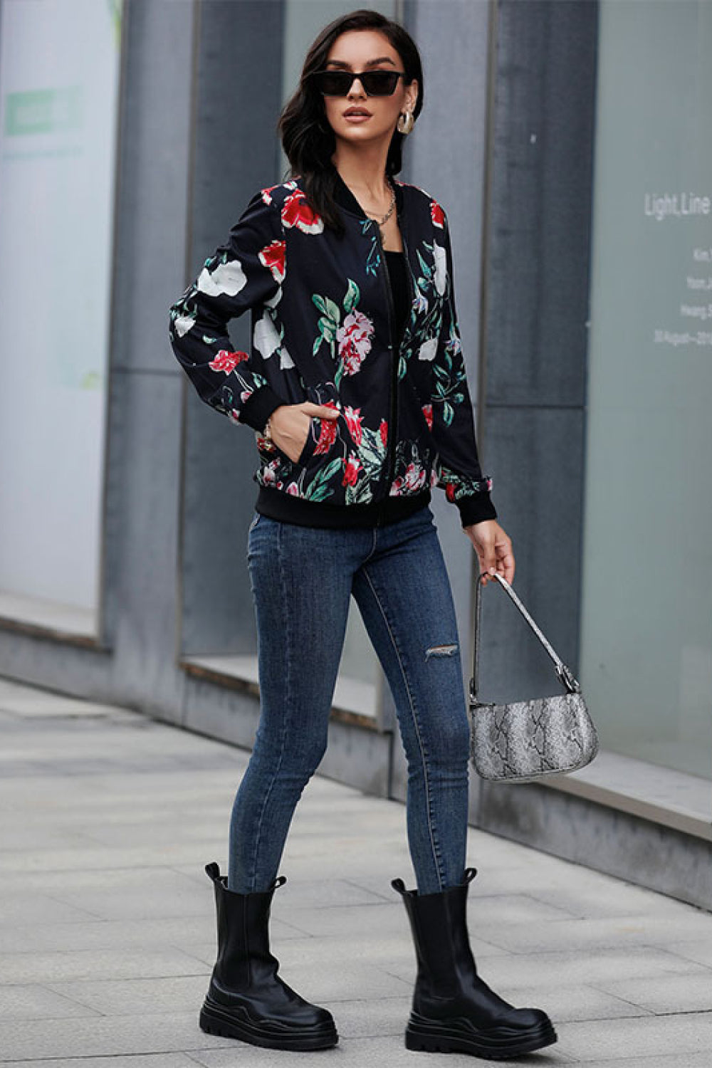 Floral Ribbed Trim Bomber Jacket