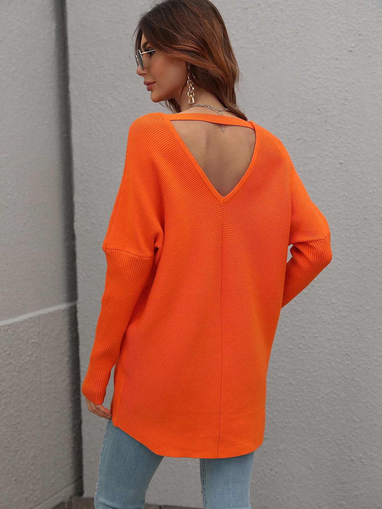 Ribbed V-Neck Open Back Tunic Sweater