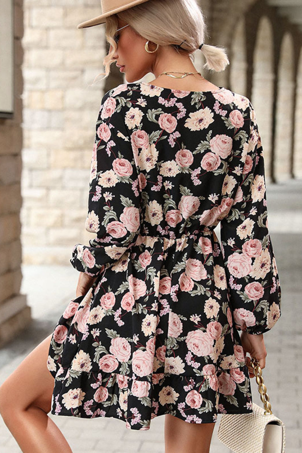 Floral Drawstring Ruffle Hem Mini Dress